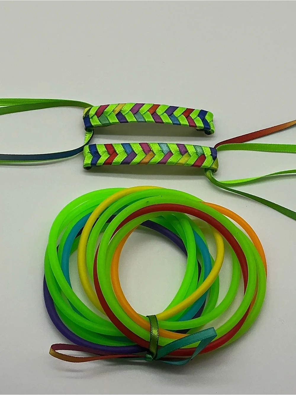 Neon Green and Rainbow 80s Barrettes & 12 Neon Green and Rainbow Jelly Bracelets